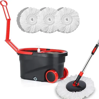 Spin Mop And Bucket System With Wringer Set 3 Washable Microfiber Pads Black • $28.99