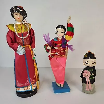 Vintage Oriental Lot Of 3 Dolls Korea Taiwan Cloth Embroidered Souvenir • $38.24