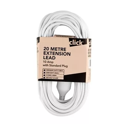 Click 20M White Extension Lead 10Amp 2400 Watt 3-Core 1.0Mm² Ordinary Duty Cable • $28.86