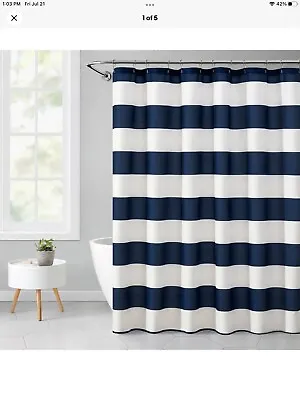 Mainstays Blue Cabana Striped Printed 72  X 72  Ribbed Textured Shower Curtain • $14.99