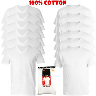 $25.99 • Buy 3 To 6 Pcs Men 100% Cotton Crew & V-Neck Tag Less T-Shirt Undershirt White S-XL