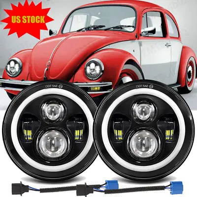 $48.63 • Buy Pair 7  Inch Round LED Headlights Hi/Low Beam Halo DRL For VW Beetle 1950-1979