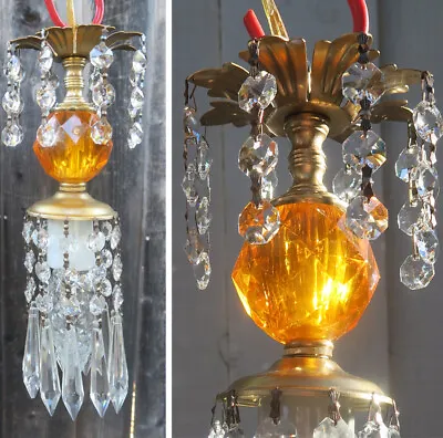 Vintage Lucite Honey Amber SWAG Lamp Chandelier Crystal Beads Prism Accent Light • $79