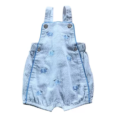 Mudpie Baby Boys 6-9 Months Shortall Overall Shorts Blue Elephants & Stripes • $19.85