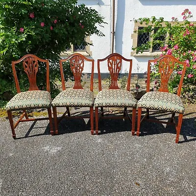 A Set Of 4 Mahogany Reproduction Georgian Style Dining Chairs With Green Fabric • £145