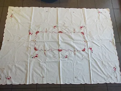 Vtg Santa Sleigh Reindeer Poinsettia Embroidered Christmas Tablecloth 65 X46   • $18