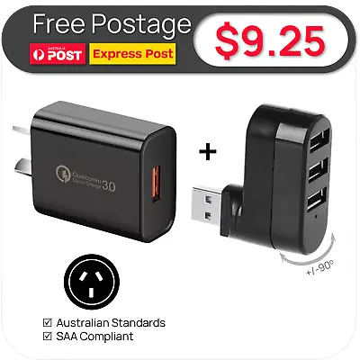 $3.65 • Buy USB Wall Fast Charger Au Plug 18W Qualcomm 3.0 + 3 Port USB Swivel Splitter 3x