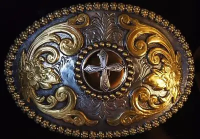 Nocona CROSS  Oval Belt Buckle Gold And Silver Tone M & F Western  3756645 • $24