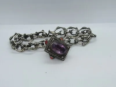 Vintage 800 Silver Etruscan Revival Coral Charm Bracelet Jewelry W/ Amethyst • $179.99