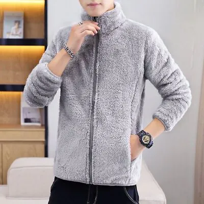 Men Faux Fur Jacket Sherpa Fleece Coat Thermal Cardigan Outwear Fluffy Warm Tops • £25.13