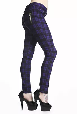£33.99 • Buy BANNED Apparel Purple Tartan Check Skinny Punk Emo Stretch Rockabilly Trousers 