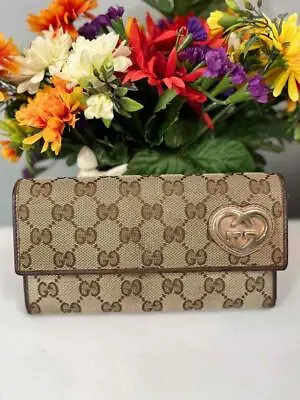 GUCCI Classic Logo GG  Brown Canvas Pink Leather Trifold Continental Wallet • $116.99