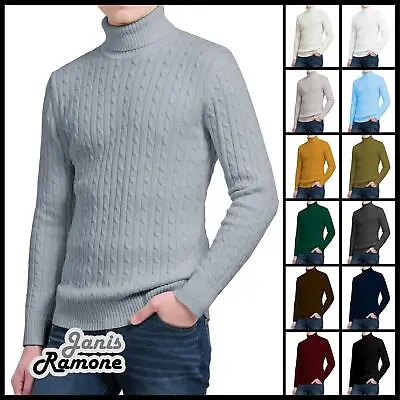 Mens Polo Roll Neck Long Sleeve Jumper Cable Knitted Winter Sweater Pullover • £14.29