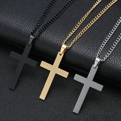 Cross Pendant Necklace Stainless Steel Plated Silver Gold Men Women Cuban Chain • $1.99