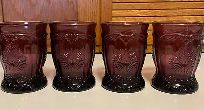 Set Of 4 MOSSER Purple Amethyst Dahlia Flower Footed Glass Tumbler Cups • $46.95