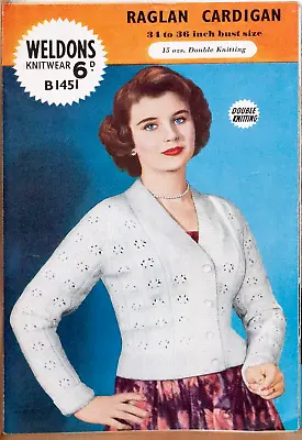 Weldons Knitting Pattern Cardigan 1451 Raglan 34-36  DK Dainty Vintage 1950s 50s • £3.99