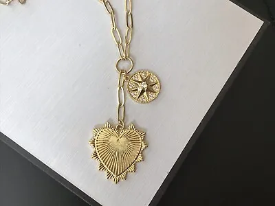 Paperclip Chain Pendant Necklace Gold Textured Heart Star Medallion Charm Lariat • $59