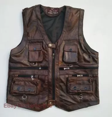 Mens Genuine Cow Leather Multi Pockets Vest Sleeveless Casual Waistcoat Jackets • $78.70