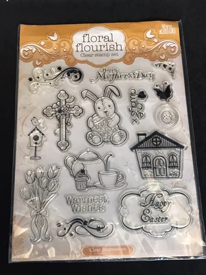 £2.99 • Buy Floral Flourish Large Clear Stamp Set - Flowers House Rabbit Tea Cross Sentiment