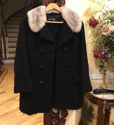 Vintage  Black Curly Persian Lamb Jacket Coat Mink Collar Fur Size S • $87