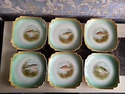 Antique Franz Anton Mehlem Royal Bonn Set Of Six Square Fish Decorated Plates  • £75