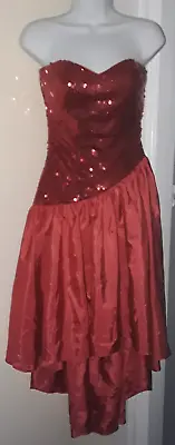 Vintage 1980s Red Sequin Asymmetrical Strapless Cocktail Dress Size 8 Prom Party • £5