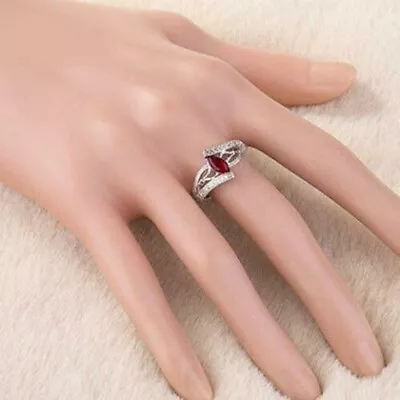 Lab Created 2CT Marquise Red Ruby With Round White Wedding Ring In 935 Silver • $135