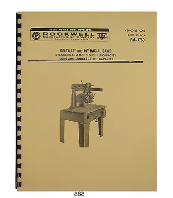 Delta Rockwell 40C Radial Saw 12  & 14  Operator & Parts Manual #868 • $21.36