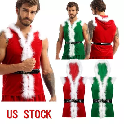 US Mens Santa Claus Christmas Sleeveless Faux Fur Velvet Hoodie Vest Costume  • $24.89