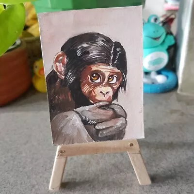 ACEO Original Pop Art Card Monkey Chimpanzee Animal Acrylic Hand Painting • $4.99