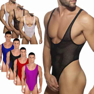 Men's Sexy See-through Fitness Bodysuit High Cut Thong Leotard Singlet Underwear • $6.06