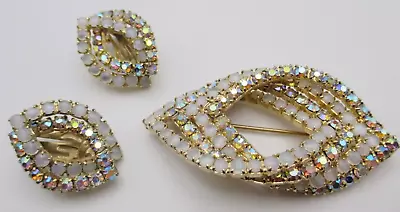 $20 • Buy VTG High End Prong Set Satin Glass Cabochon AB Rhinestone Brooch & Earrings SET