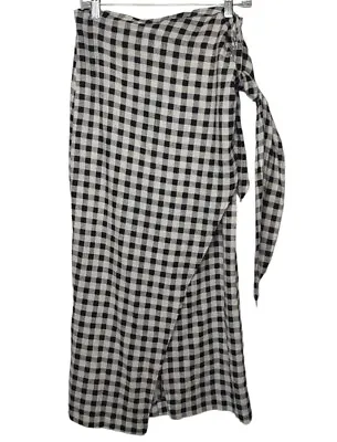 Zara Linen Blend Wrap Skirt Large Black White Gingham Slit NEW NWT • $37.99