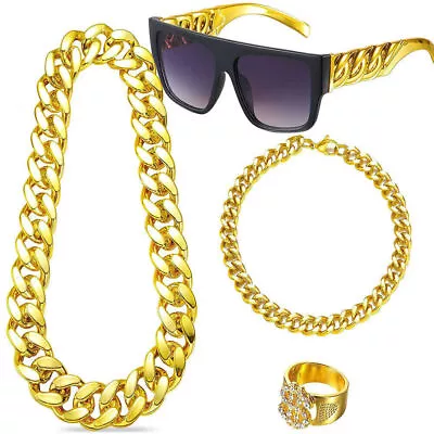Bling Gold Chain Ring Gangster Hip Hop Rapper Fancy Dress Costume Accessory Set· • £15.09