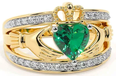 14K Yellow Gold Over 925 Silver Lab-Created Vintage Irish Emerald Claddagh Ring • $89.99