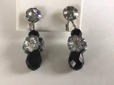 Vintage Vendome Signed Black & Clear Crystal Clip On Dangle Earrings • $25