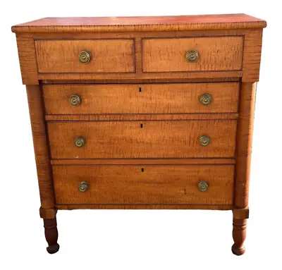 1830s Cherry & Tiger Maple Sheraton Dresser Old Surface Bold Tiger Antique Chest • $850