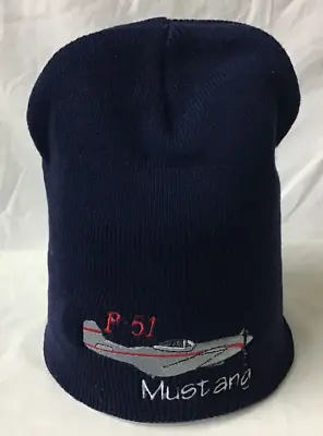 P-51 Mustang WWII Aircraft Embroidered Navy Beanie Knit Hat • $16.99