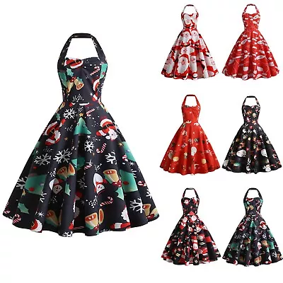 Women's Christmas Sexy Halter Neck Santa Print Dress Party Mini Dress • $34.87