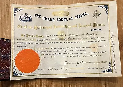 ATQ 1903 GRAND LODGE MAINE Master Mason Certificate Portland ME Marbled Folder • $139