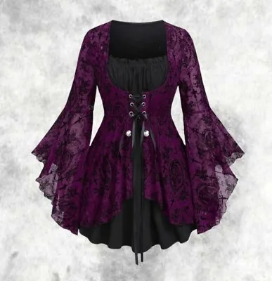 New Purple Gothic Corset Baroque Cameo Flare Sleeve Blouse Top Size 4XL 24 26 28 • $43.50