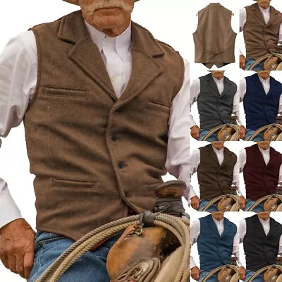 Mens Wool Vests Vintage Wesern Cowboy Tweed Herringbone Waistcoat M Large XL XXL • $25.19