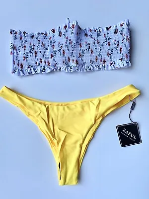 Zaful White Floral Smocked Bandeau Top & Yellow Bottoms Swimwear Set BNWT - 12 • £13