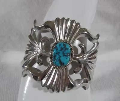 Stunning Vintage Sterling Silver And Turquoise Navajo Style Cuff Bracelet • $223.25