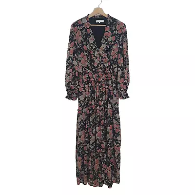 White Closet 14 Black Pink Floral Long Sleeve Chiffon Tiered Peasant Maxi Dress • $29.95