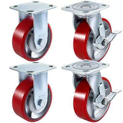 4 Pack Heavy Duty Caster Set 6  Polyurethane On Cast Iron Wheels No Mark Red • $48.59