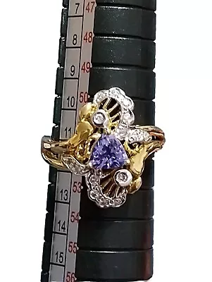 Vintage Levian 14k Gold Trillion Tanzanite Diamond Filigree Ring Size 6 • £409.61