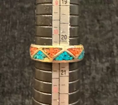 Vintage Southwest Sterling Silver Turquoise Coral Inlay Ring Size 11 • $19.99