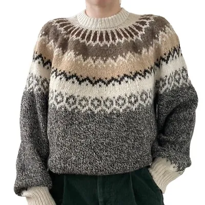 Vintage Womens Hand Knit Brown Alpaca Fair Isle Oversized Nordic Sweater Sz XL • $65