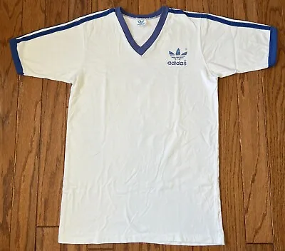 Vintage Adidas Shirt White Navy Blue Ringer Trefoil 70s Single Stitch Size Large • $45